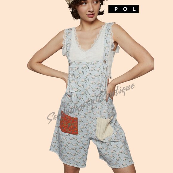 POL Farm Girl Chic Baggy Blue Floral Patchwork Pockets Denim Overall Shortalls - Picture 5 of 10